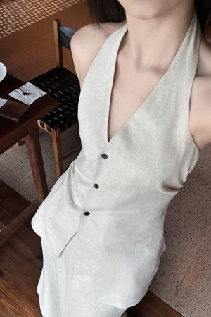 Linen Halter Double Tie Two-Piece Set with Draping, Backless Top and Mermaid Skirt, Available in Two Colors, Perfect for Summer Events