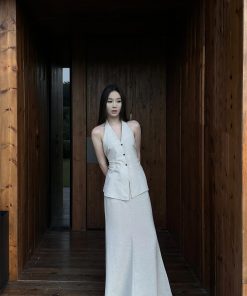 Linen Halter Double Tie Two-Piece Set with Draping, Backless Top and Mermaid Skirt, Available in Two Colors, Perfect for Summer Events