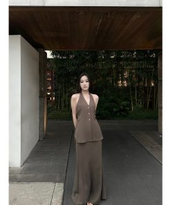 Linen Halter Double Tie Two-Piece Set with Draping, Backless Top and Mermaid Skirt, Available in Two Colors, Perfect for Summer Events