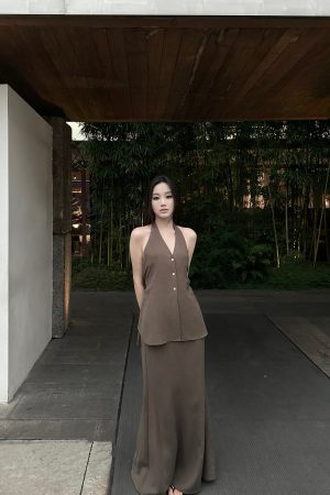 Linen Halter Double Tie Two-Piece Set with Draping, Backless Top and Mermaid Skirt, Available in Two Colors, Perfect for Summer Events