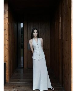 Linen Halter Double Tie Two-Piece Set with Draping, Backless Top and Mermaid Skirt, Available in Two Colors, Perfect for Summer Events