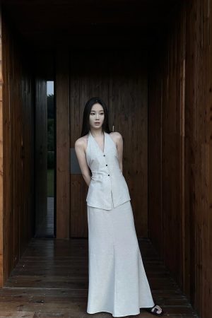 Linen Halter Double Tie Two-Piece Set with Draping, Backless Top and Mermaid Skirt, Available in Two Colors, Perfect for Summer Events