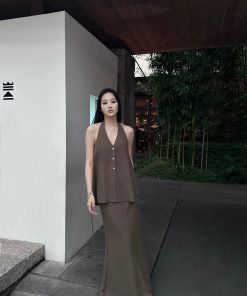 Linen Halter Double Tie Two-Piece Set with Draping, Backless Top and Mermaid Skirt, Available in Two Colors, Perfect for Summer Events