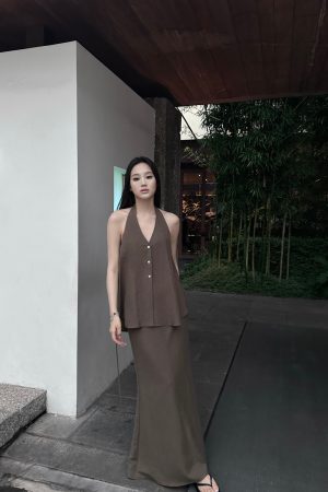 Linen Halter Double Tie Two-Piece Set with Draping, Backless Top and Mermaid Skirt, Available in Two Colors, Perfect for Summer Events