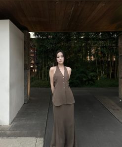 Linen Halter Double Tie Two-Piece Set with Draping, Backless Top and Mermaid Skirt, Available in Two Colors, Perfect for Summer Events