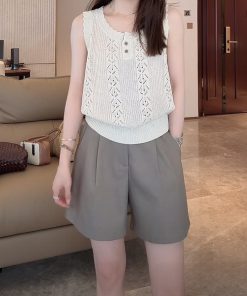 Linen Hollow Jacquard Vest with Solid Color Minimalist Casual Shorts & Pants - Summer 2025 Essential Outfit for Effortless Style