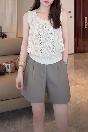Linen Hollow Jacquard Vest with Solid Color Minimalist Casual Shorts & Pants - Summer 2025 Essential Outfit for Effortless Style