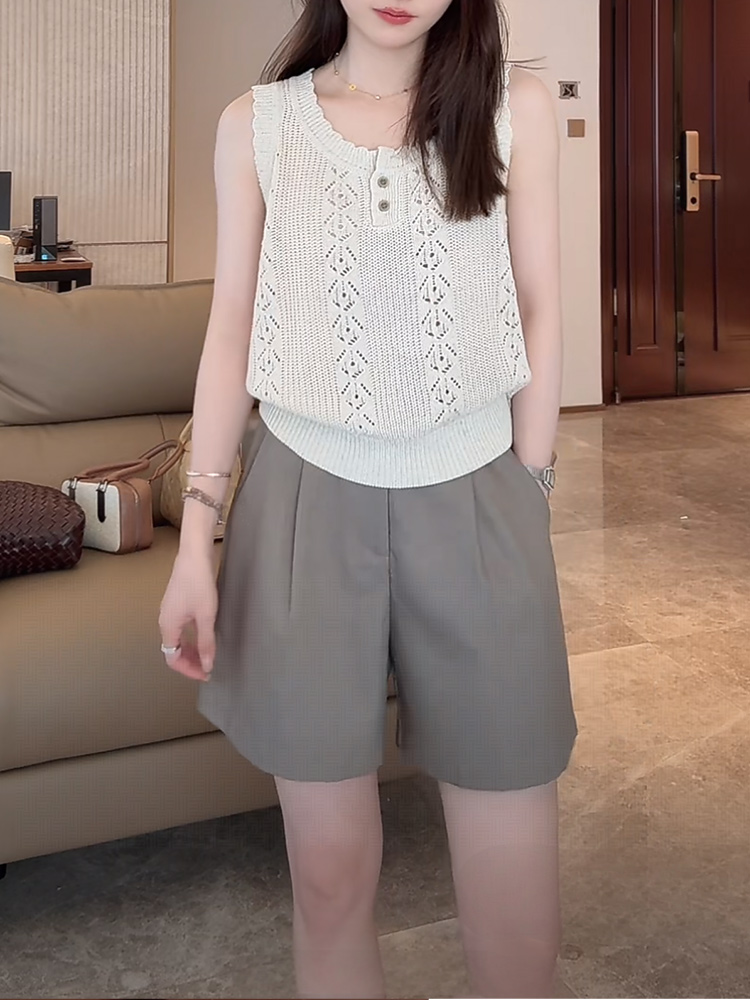 Linen Hollow Jacquard Vest with Solid Color Minimalist Casual Shorts & Pants - Summer 2025 Essential Outfit for Effortless Style