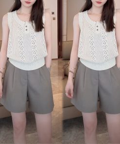 Linen Hollow Jacquard Vest with Solid Color Minimalist Casual Shorts & Pants - Summer 2025 Essential Outfit for Effortless Style