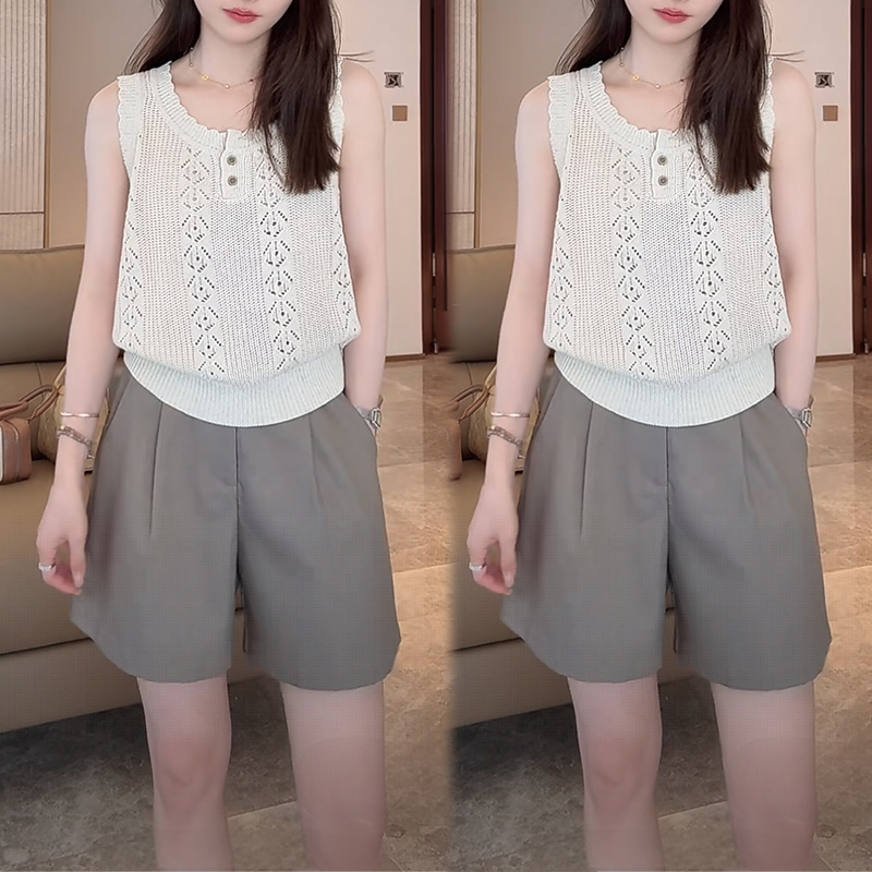 Linen Hollow Jacquard Vest with Solid Color Minimalist Casual Shorts & Pants - Summer 2025 Essential Outfit for Effortless Style