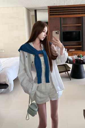 Linen Long Sleeve Shirt and Shorts Set, UK Old Money Style, Socialite Vacation Wear, Relaxed Fit, Effortless Chic Fashion