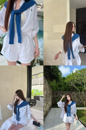 Linen Long Sleeve Shirt and Shorts Set, UK Old Money Style, Socialite Vacation Wear, Relaxed Fit, Effortless Chic Fashion