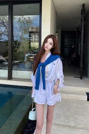 Linen Long Sleeve Shirt and Shorts Set, UK Old Money Style, Socialite Vacation Wear, Relaxed Fit, Effortless Chic Fashion