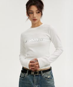 Liquid Metal Logo Slim-Fit Long Sleeve Top for Women - Short Style Slimming Shirt for Spring & Autumn, Trendy Y2K Fashion