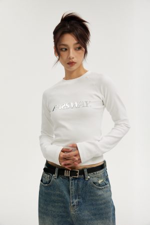 Liquid Metal Logo Slim-Fit Long Sleeve Top for Women - Short Style Slimming Shirt for Spring & Autumn, Trendy Y2K Fashion
