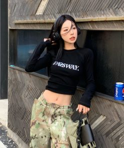 Liquid Metal Logo Slim-Fit Long Sleeve Top for Women - Short Style Slimming Shirt for Spring & Autumn, Trendy Y2K Fashion