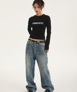 Liquid Metal Logo Slim-Fit Long Sleeve Top for Women - Short Style Slimming Shirt for Spring & Autumn, Trendy Y2K Fashion