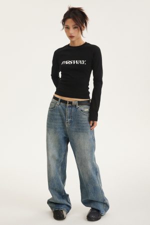 Liquid Metal Logo Slim-Fit Long Sleeve Top for Women - Short Style Slimming Shirt for Spring & Autumn, Trendy Y2K Fashion