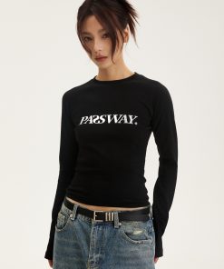 Liquid Metal Logo Slim-Fit Long Sleeve Top for Women - Short Style Slimming Shirt for Spring & Autumn, Trendy Y2K Fashion