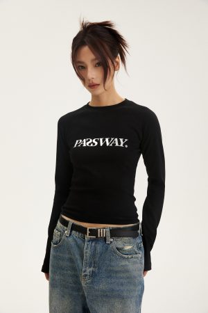 Liquid Metal Logo Slim-Fit Long Sleeve Top for Women - Short Style Slimming Shirt for Spring & Autumn, Trendy Y2K Fashion