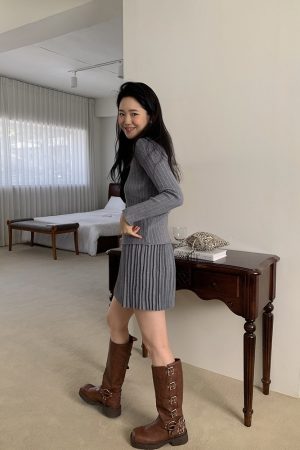 Lively Korean Style Cardigan and Skirt Set - Slimming Cute Outfit for a Fun, Playful Look