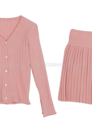 Lively Korean Style Cardigan and Skirt Set - Slimming Cute Outfit for a Fun, Playful Look