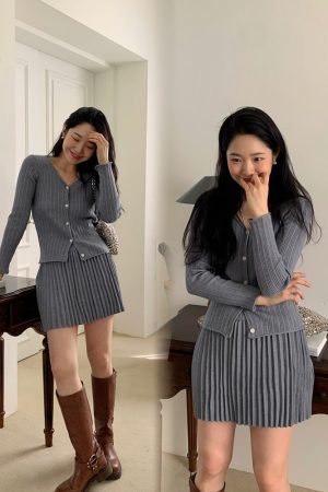 Lively Korean Style Cardigan and Skirt Set - Slimming Cute Outfit for a Fun, Playful Look