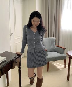 Lively Korean Style Cardigan and Skirt Set - Slimming Cute Outfit for a Fun, Playful Look