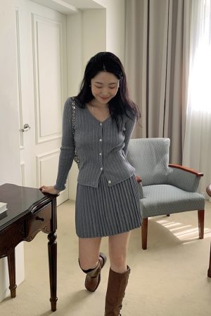 Lively Korean Style Cardigan and Skirt Set - Slimming Cute Outfit for a Fun, Playful Look