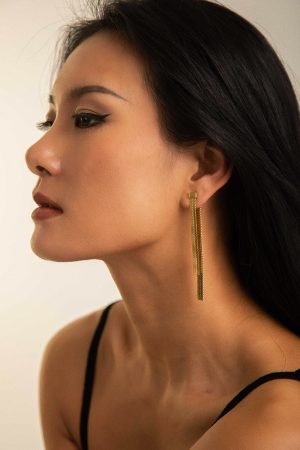 Long Metal Snake Bone Chain Front and Back Wear Ear Studs - European American Style 18K Gold Earrings for Trendy Fashion