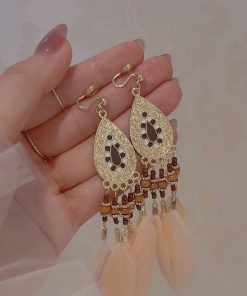 Long Pink Feather Ethnic Style Clip-On Earrings for Vacation Vibes, High-Quality, No Ear Holes, Boho Chic Accessory