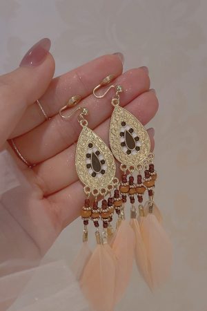 Long Pink Feather Ethnic Style Clip-On Earrings for Vacation Vibes, High-Quality, No Ear Holes, Boho Chic Accessory