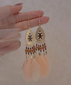 Long Pink Feather Ethnic Style Clip-On Earrings for Vacation Vibes, High-Quality, No Ear Holes, Boho Chic Accessory