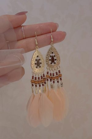 Long Pink Feather Ethnic Style Clip-On Earrings for Vacation Vibes, High-Quality, No Ear Holes, Boho Chic Accessory