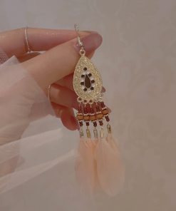 Long Pink Feather Ethnic Style Clip-On Earrings for Vacation Vibes, High-Quality, No Ear Holes, Boho Chic Accessory