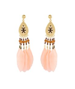 Long Pink Feather Ethnic Style Clip-On Earrings for Vacation Vibes, High-Quality, No Ear Holes, Boho Chic Accessory