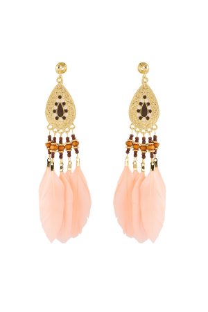 Long Pink Feather Ethnic Style Clip-On Earrings for Vacation Vibes, High-Quality, No Ear Holes, Boho Chic Accessory