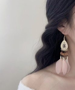 Long Pink Feather Ethnic Style Clip-On Earrings for Vacation Vibes, High-Quality, No Ear Holes, Boho Chic Accessory
