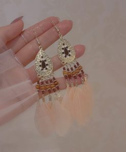 Long Pink Feather Ethnic Style Clip-On Earrings for Vacation Vibes, High-Quality, No Ear Holes, Boho Chic Accessory