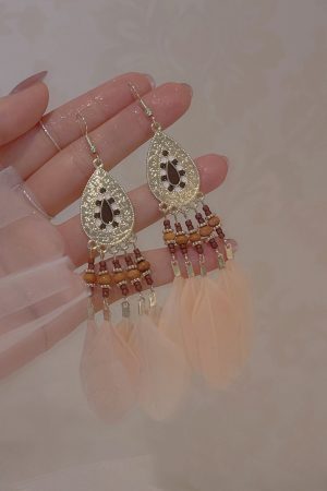 Long Pink Feather Ethnic Style Clip-On Earrings for Vacation Vibes, High-Quality, No Ear Holes, Boho Chic Accessory