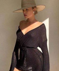 Long Sleeve Knitted Beach Cover-Up Dress with Bell Sleeves - Vacation Swimsuit Pullover, Waist-Cinching Sun Protection