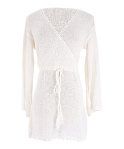 Long Sleeve Knitted Beach Cover-Up Dress with Bell Sleeves - Vacation Swimsuit Pullover, Waist-Cinching Sun Protection