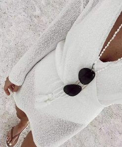 Long Sleeve Knitted Beach Cover-Up Dress with Bell Sleeves - Vacation Swimsuit Pullover, Waist-Cinching Sun Protection