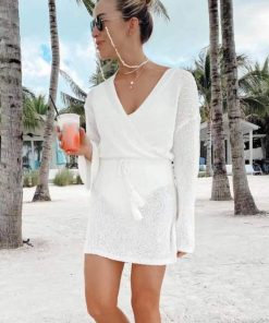 Long Sleeve Knitted Beach Cover-Up Dress with Bell Sleeves - Vacation Swimsuit Pullover, Waist-Cinching Sun Protection