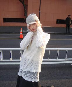 Long Sleeve Lace Trim T-Shirt Dress in Pumpkin & Sweet White - Versatile Slim Fit Layered Style for Fall Fashion