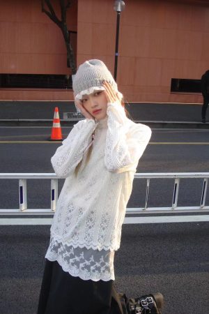 Long Sleeve Lace Trim T-Shirt Dress in Pumpkin & Sweet White - Versatile Slim Fit Layered Style for Fall Fashion