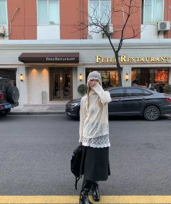 Long Sleeve Lace Trim T-Shirt Dress in Pumpkin & Sweet White - Versatile Slim Fit Layered Style for Fall Fashion