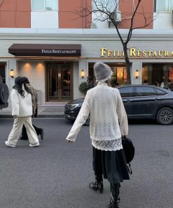 Long Sleeve Lace Trim T-Shirt Dress in Pumpkin & Sweet White - Versatile Slim Fit Layered Style for Fall Fashion