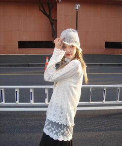 Long Sleeve Lace Trim T-Shirt Dress in Pumpkin & Sweet White - Versatile Slim Fit Layered Style for Fall Fashion