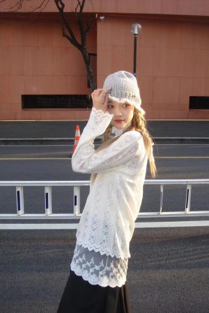 Long Sleeve Lace Trim T-Shirt Dress in Pumpkin & Sweet White - Versatile Slim Fit Layered Style for Fall Fashion